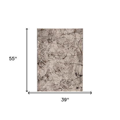 7' Ivory Grey Machine Woven Abstract Vermicular Indoor Runner Rug