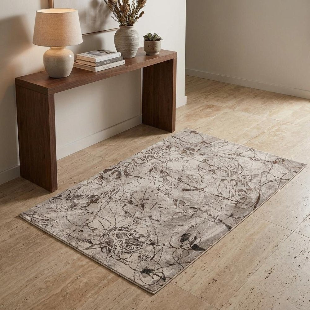 7' Ivory Grey Machine Woven Abstract Vermicular Indoor Runner Rug