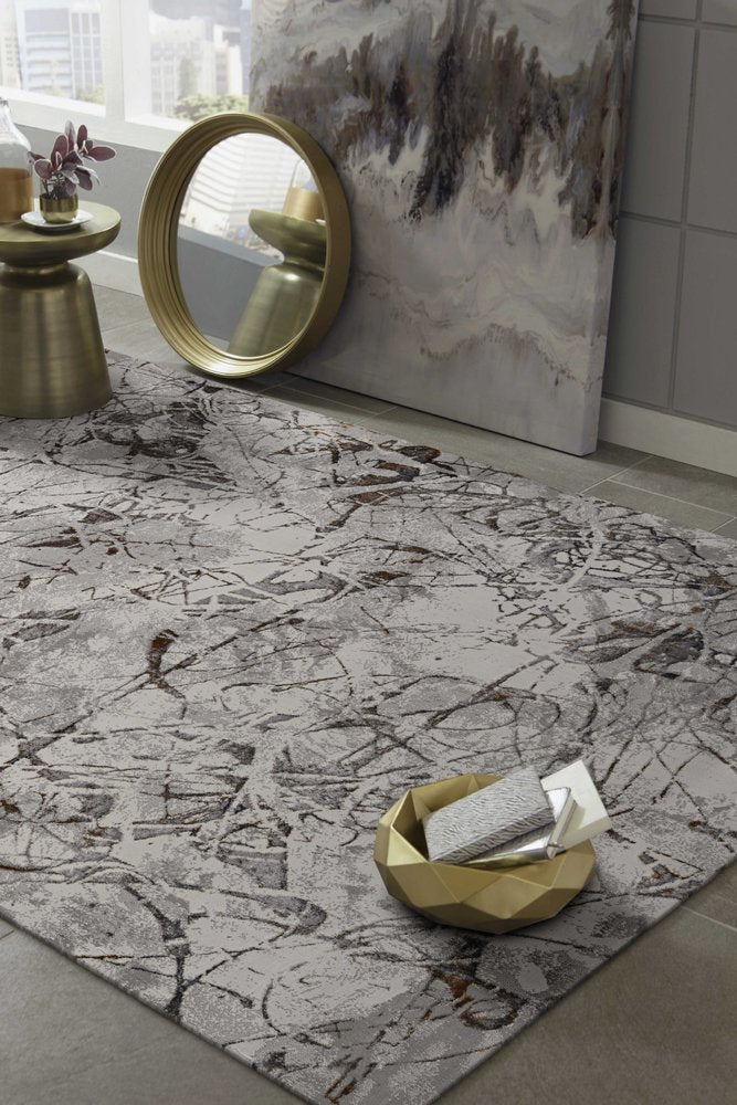 8' X 11' Ivory Gray And Brown Abstract Area Rug