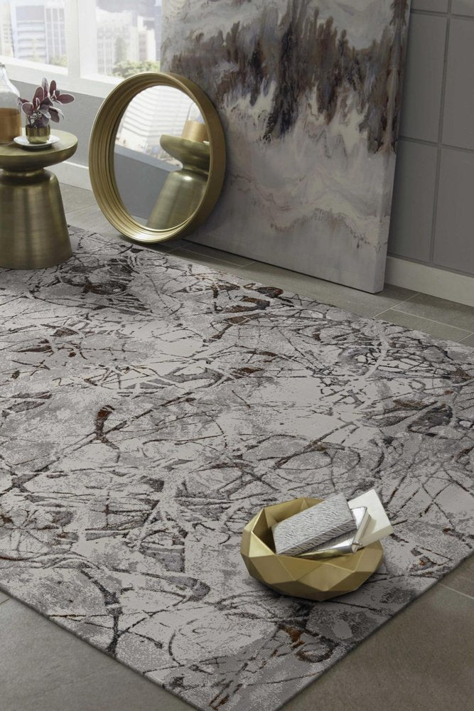 8' X 11' Ivory Gray And Brown Abstract Area Rug