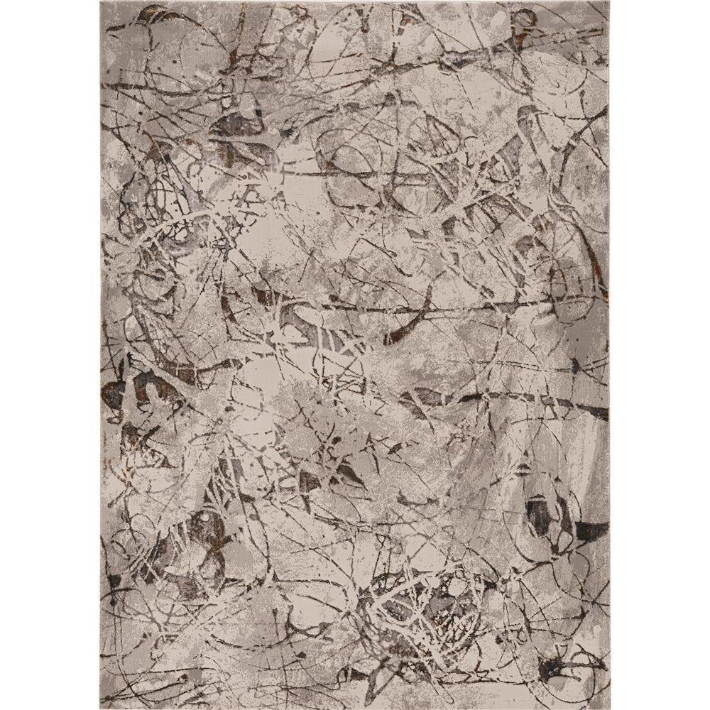 7' Ivory Grey Machine Woven Abstract Vermicular Indoor Runner Rug