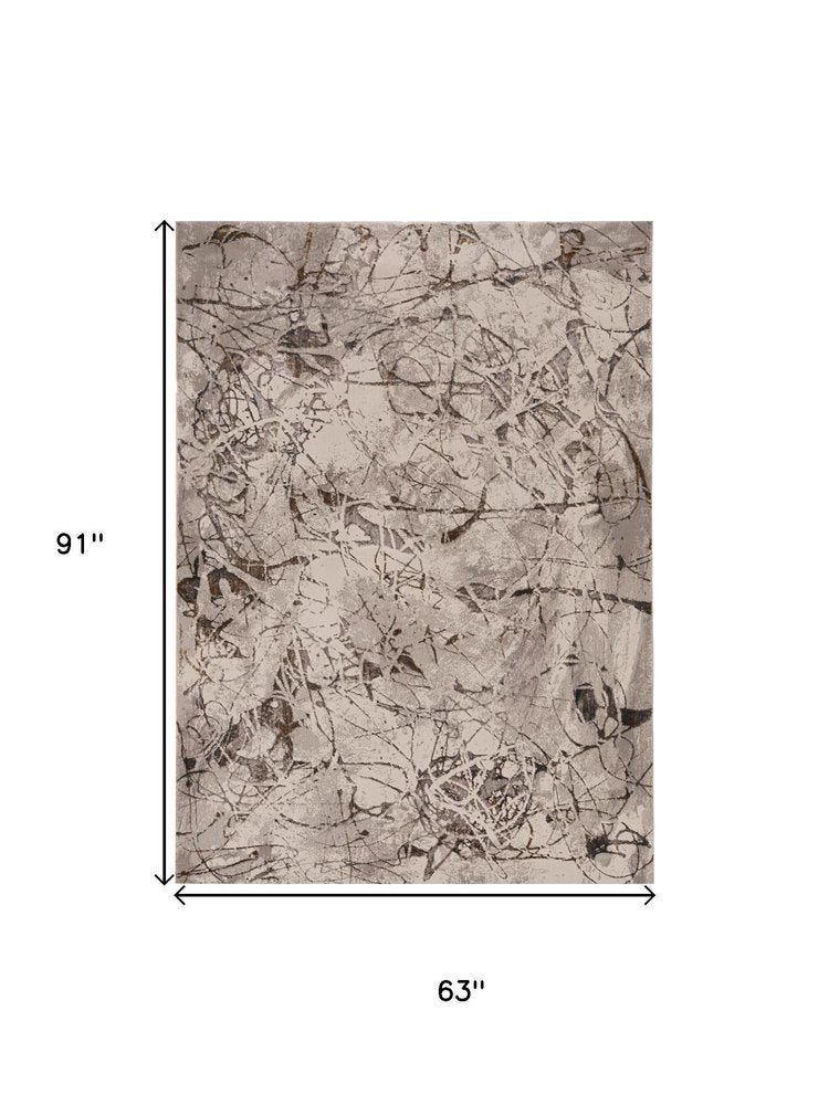 7' Ivory Grey Machine Woven Abstract Vermicular Indoor Runner Rug