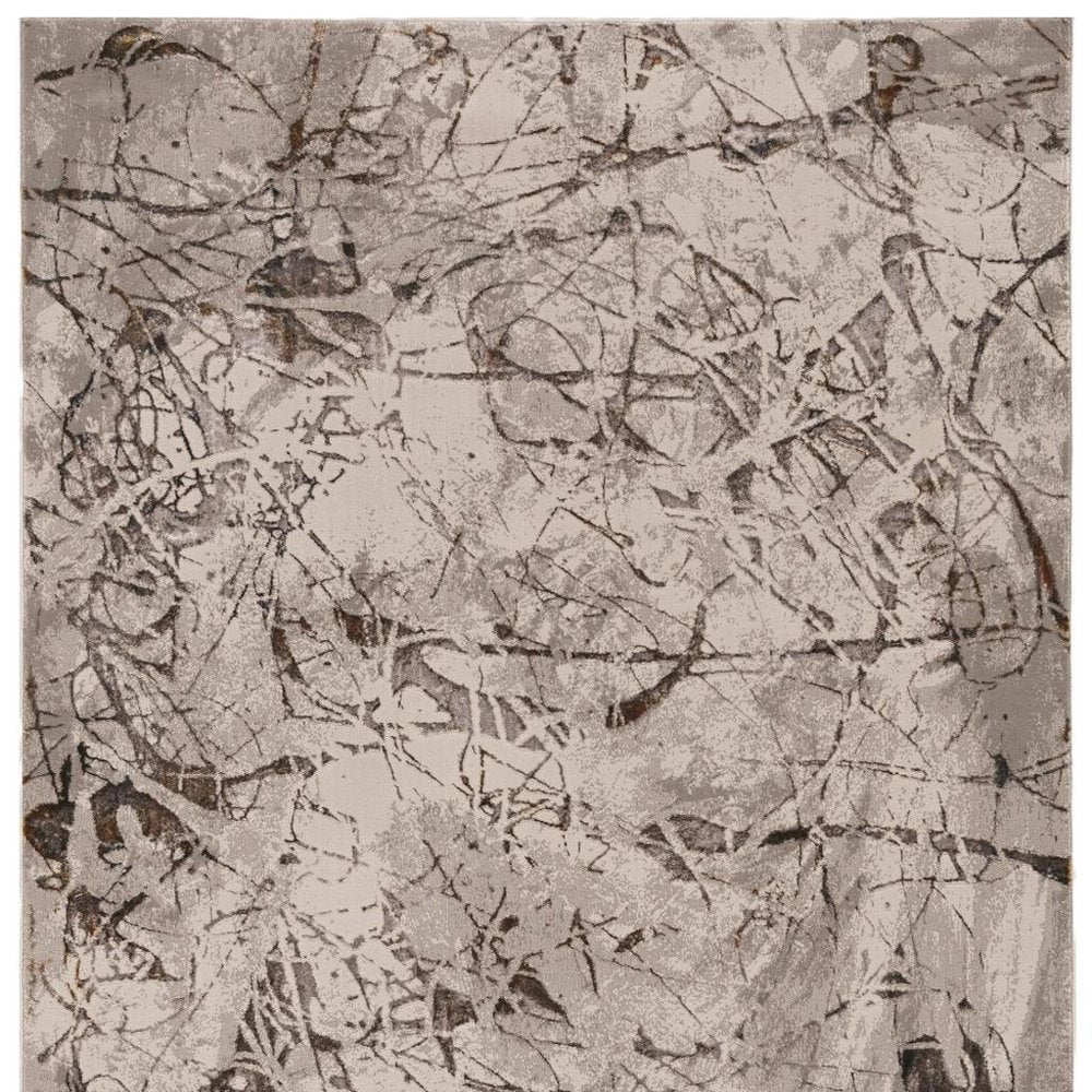 7' Ivory Grey Machine Woven Abstract Vermicular Indoor Runner Rug