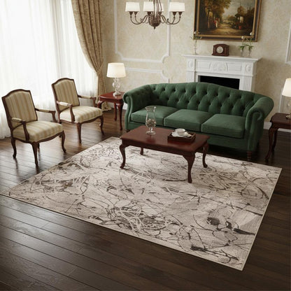 7' Ivory Grey Machine Woven Abstract Vermicular Indoor Runner Rug