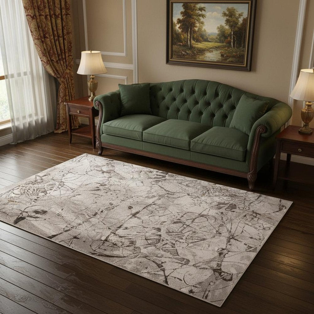 7' Ivory Grey Machine Woven Abstract Vermicular Indoor Runner Rug