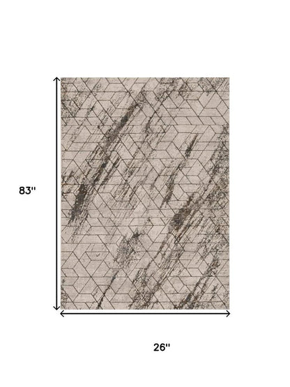 7' Ivory Machine Woven Abstract Geometric Indoor Runner Rug