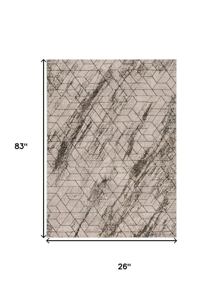 7' Ivory Machine Woven Abstract Geometric Indoor Runner Rug