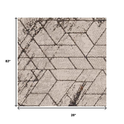 7' Ivory Machine Woven Abstract Geometric Indoor Runner Rug