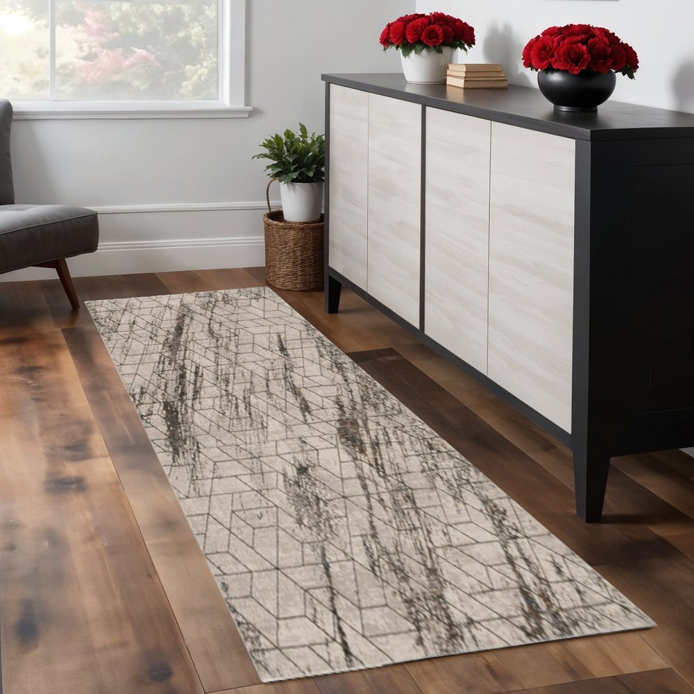 7' Ivory Machine Woven Abstract Geometric Indoor Runner Rug