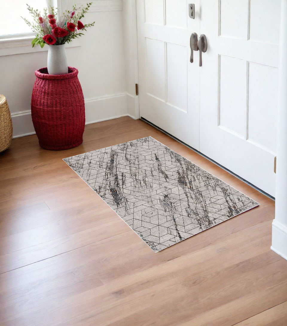 7' Ivory Machine Woven Abstract Geometric Indoor Runner Rug