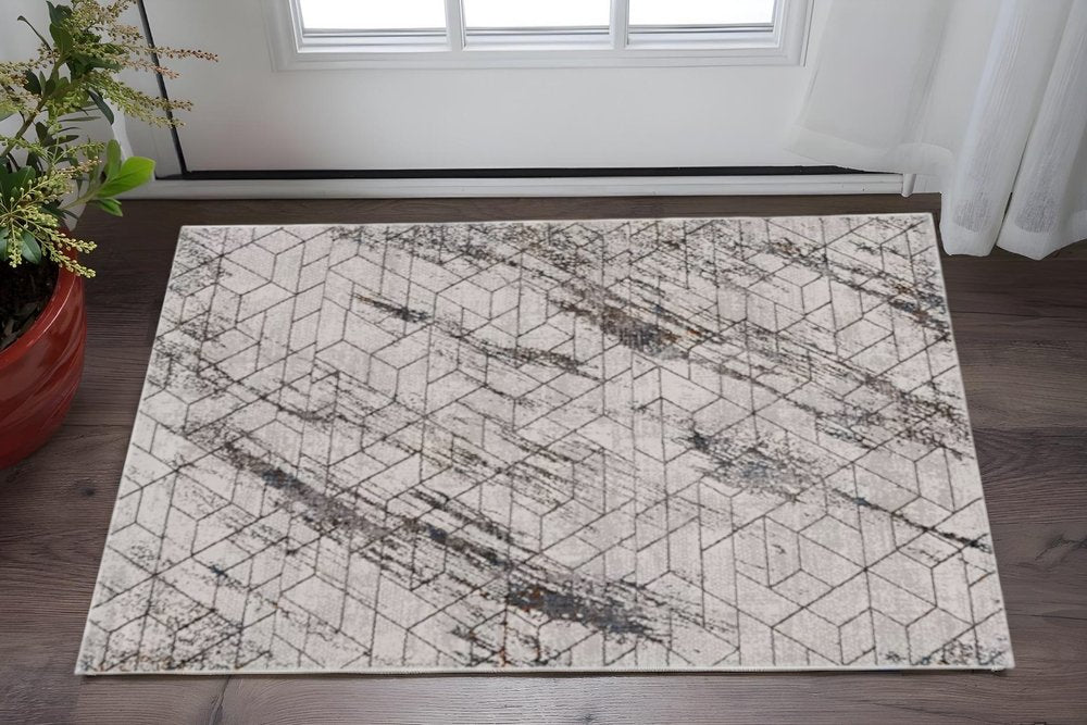 7' Ivory Machine Woven Abstract Geometric Indoor Runner Rug