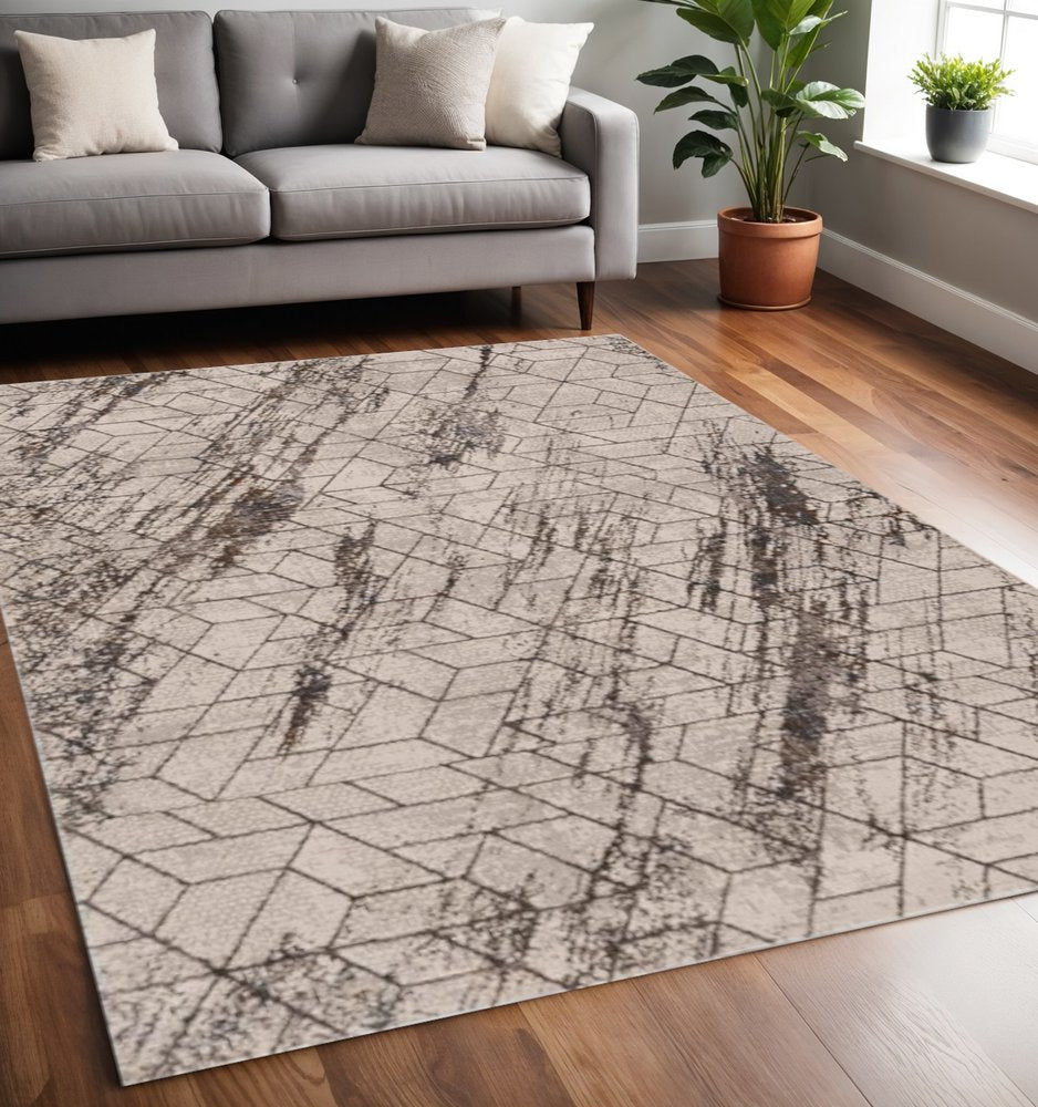 7' Ivory Machine Woven Abstract Geometric Indoor Runner Rug