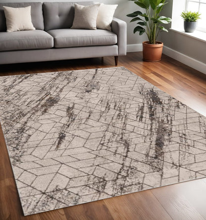7' Ivory Machine Woven Abstract Geometric Indoor Runner Rug