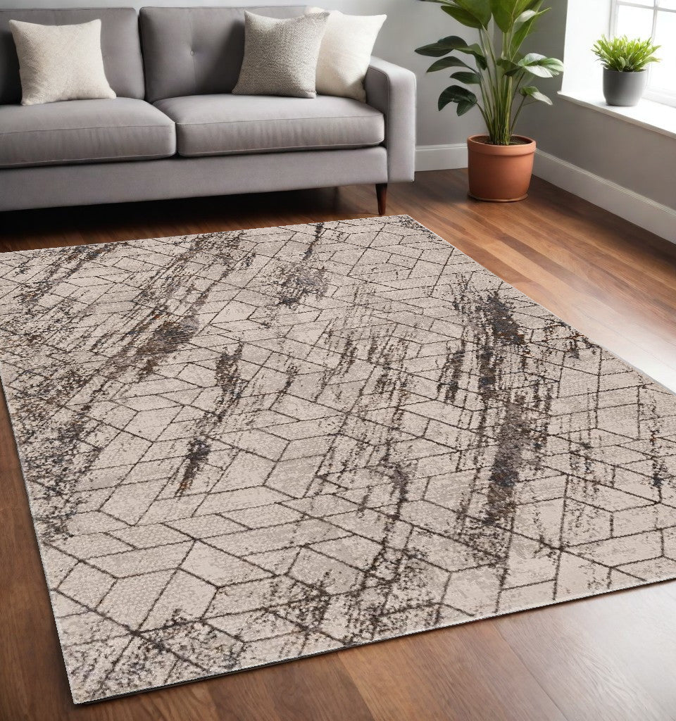 7' Ivory Machine Woven Abstract Geometric Indoor Runner Rug