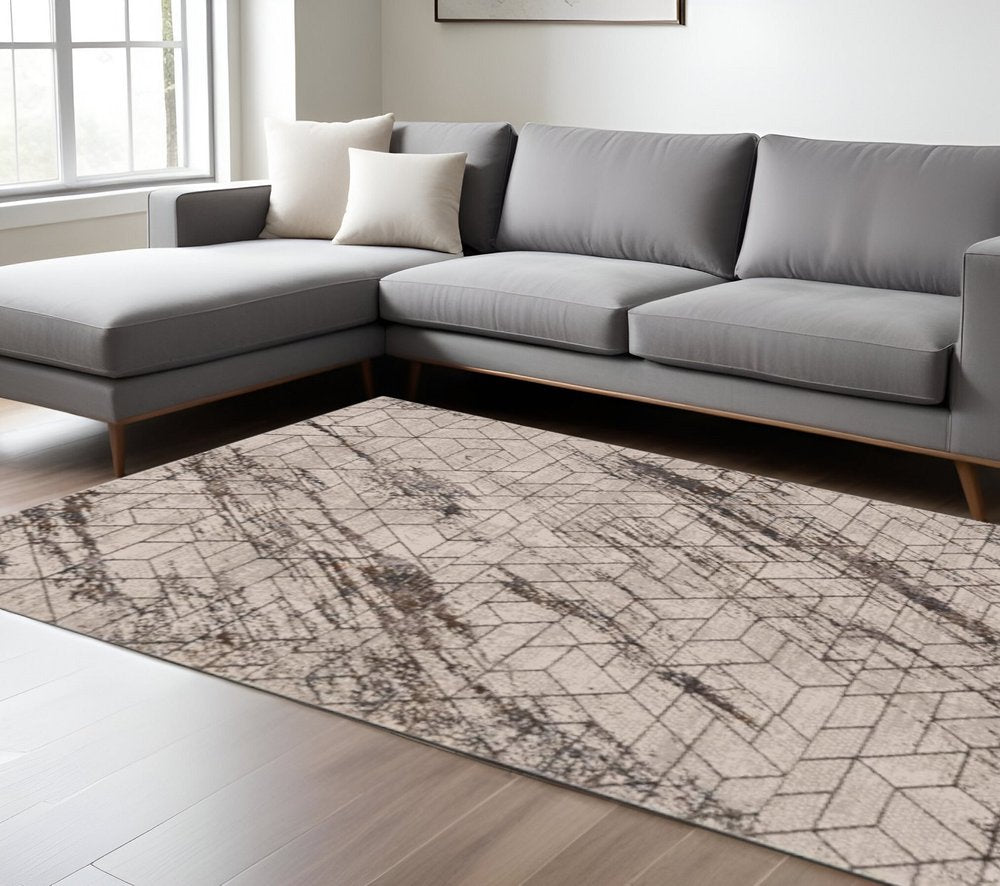 7' Ivory Machine Woven Abstract Geometric Indoor Runner Rug