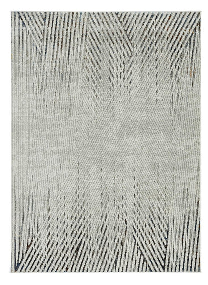 7' Ivory Grey Machine Woven Geometric Lines Indoor Runner Rug