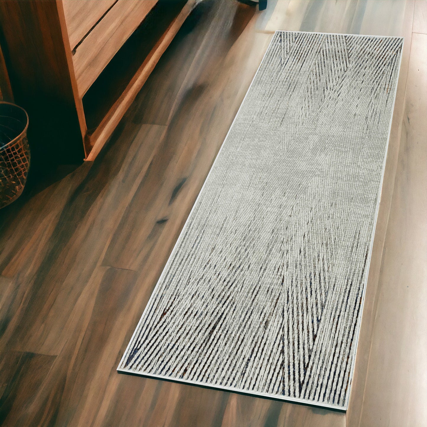 5' X 8' Ivory Grey Machine Woven Geometric Lines Indoor Area Rug