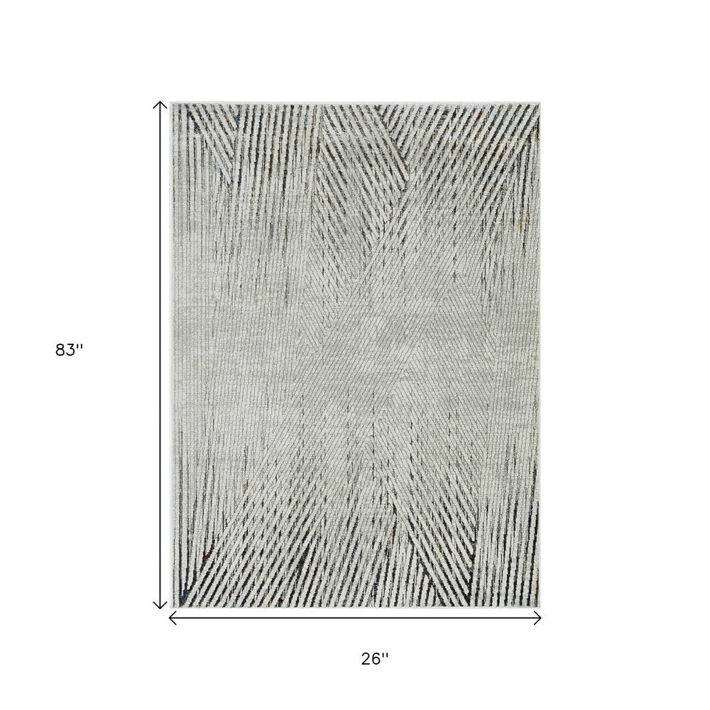 7' Ivory Grey Machine Woven Geometric Lines Indoor Runner Rug