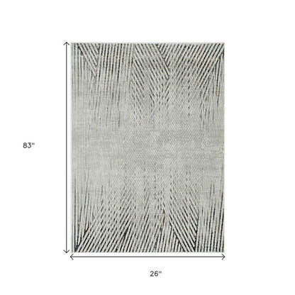 7' Ivory Grey Machine Woven Geometric Lines Indoor Runner Rug