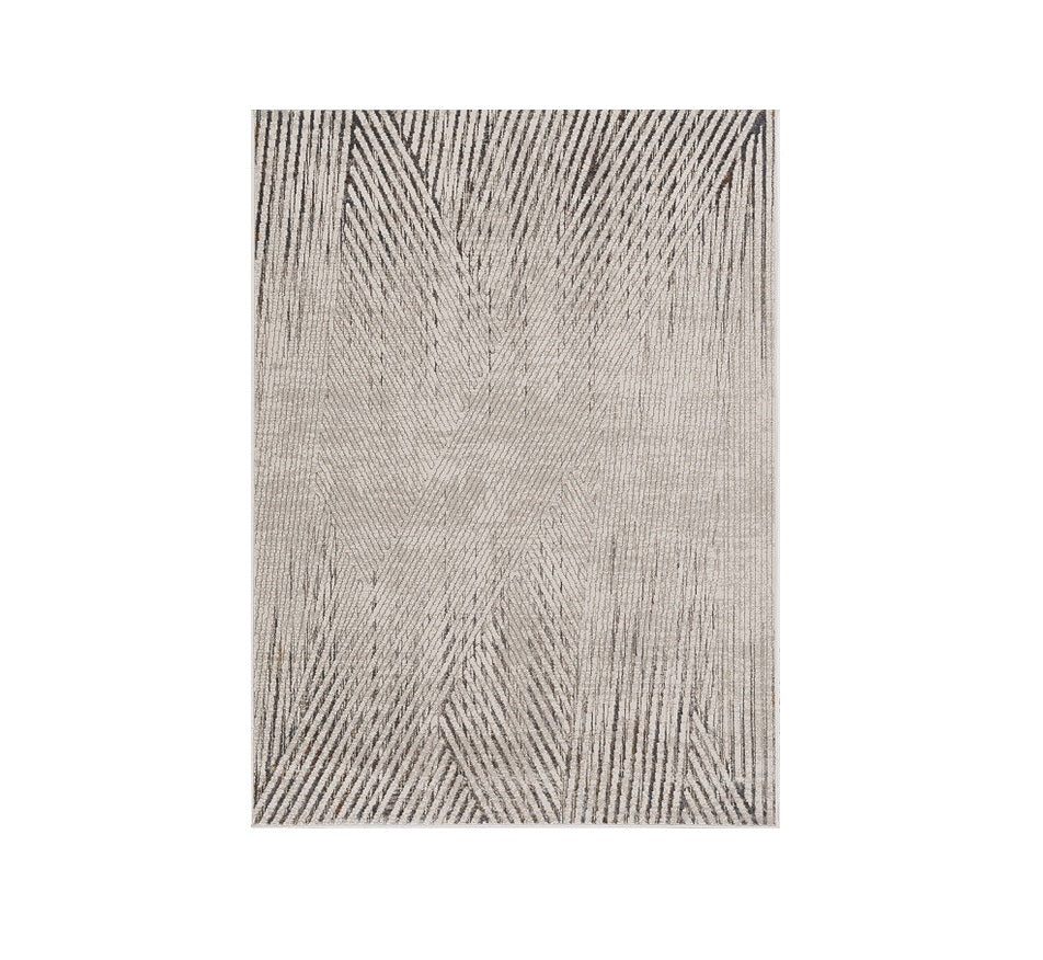 7' Ivory Grey Machine Woven Geometric Lines Indoor Runner Rug