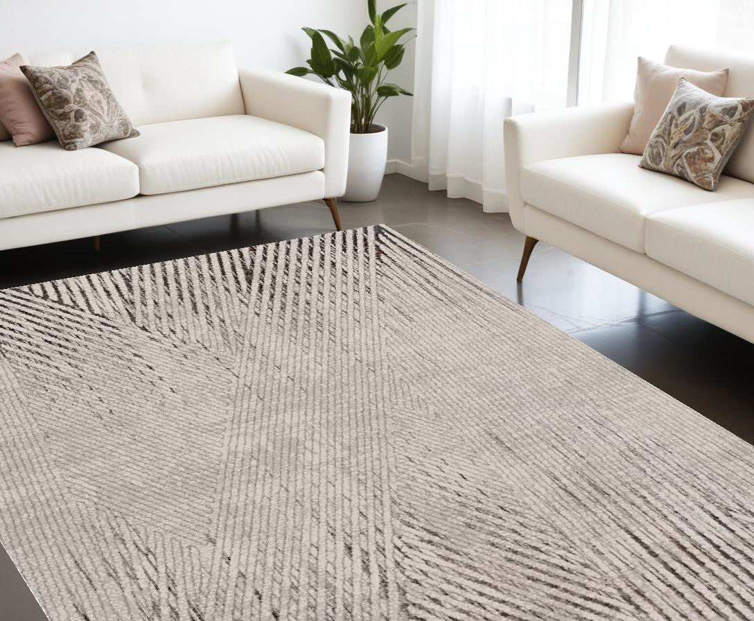 7' Ivory Grey Machine Woven Geometric Lines Indoor Runner Rug