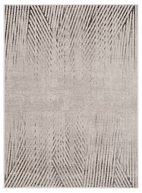 7' Ivory Grey Machine Woven Geometric Lines Indoor Runner Rug