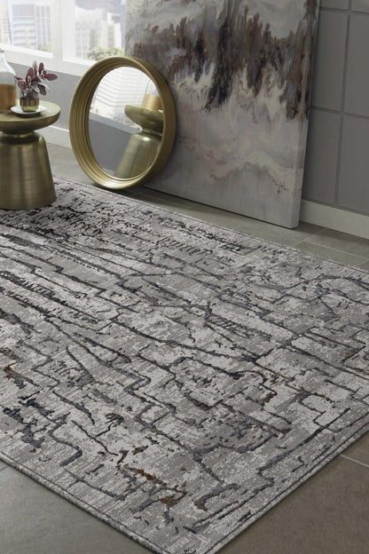 7' Gray And Black Abstract Runner Rug