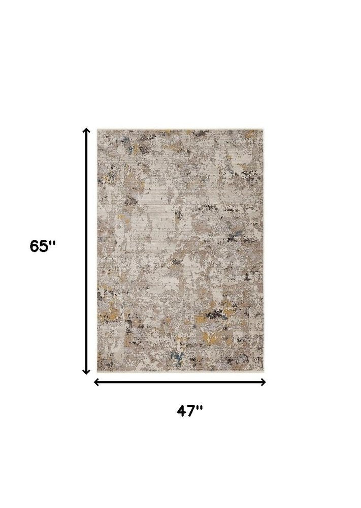 4' X 6' Beige Tan And Gold Abstract Distressed Area Rug