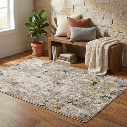 4' X 6' Beige Tan And Gold Abstract Distressed Area Rug