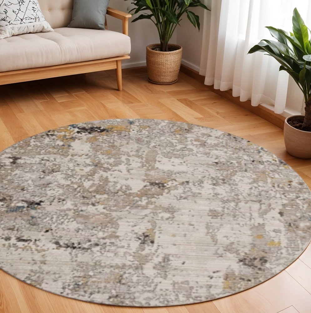 8' Beige Tan And Gold Abstract Round Rug