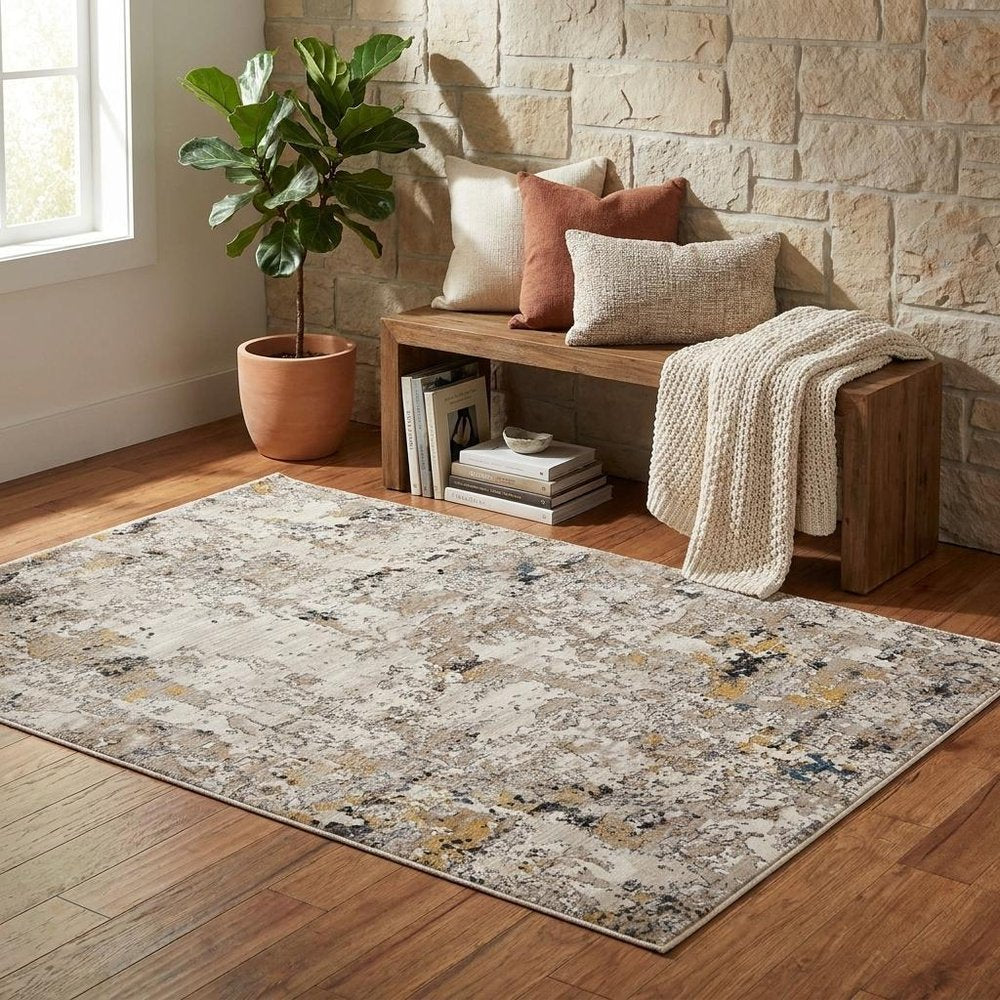 5' X 8' Gray Black And Gold Abstract Distressed Area Rug