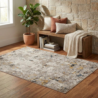 5' X 8' Gray Black And Gold Abstract Distressed Area Rug