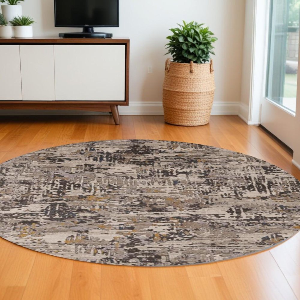 8' Gray Black And Gold Abstract Round Rug