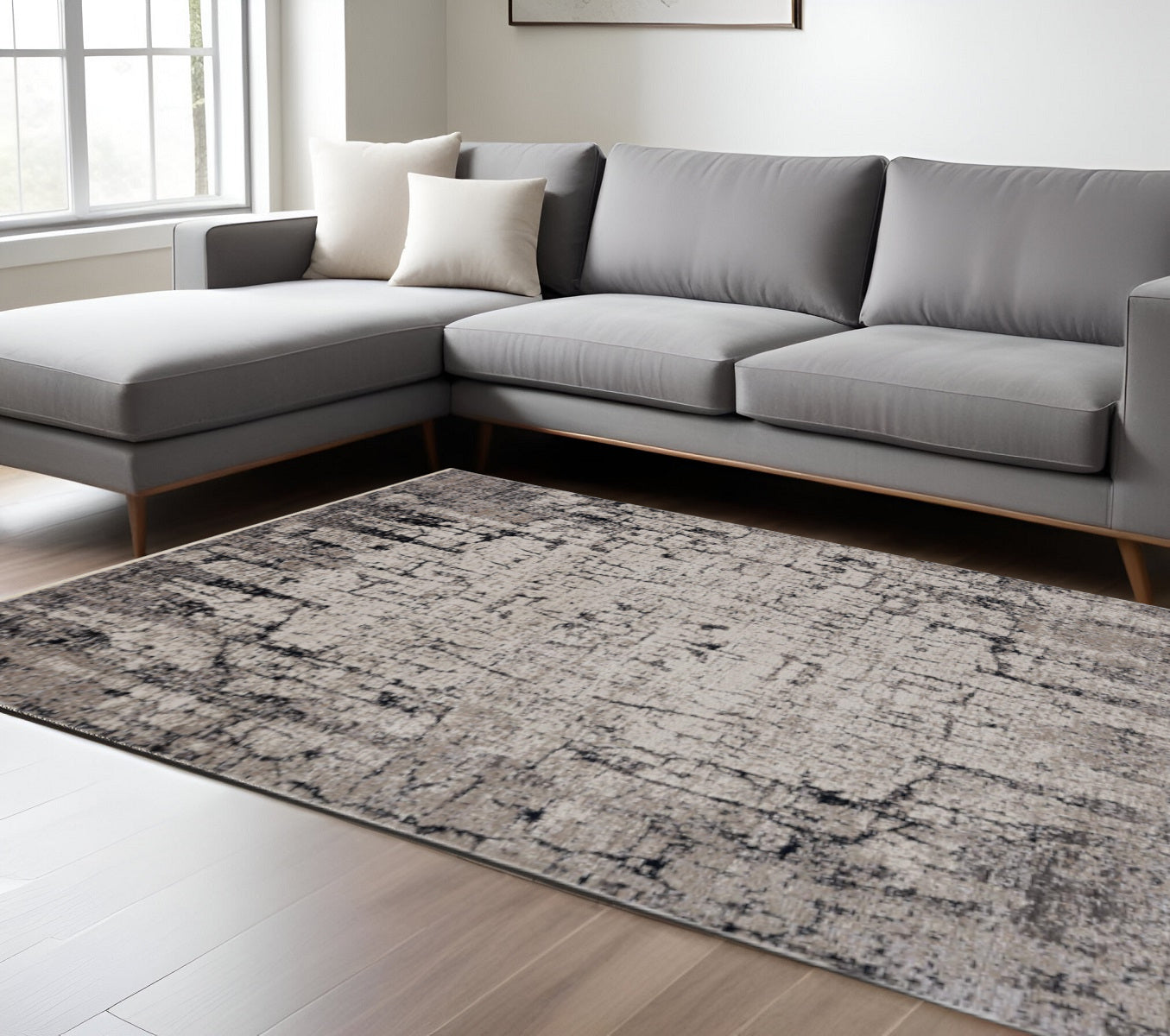 5' X 8' Ivory And Gray Abstract Distressed Area Rug