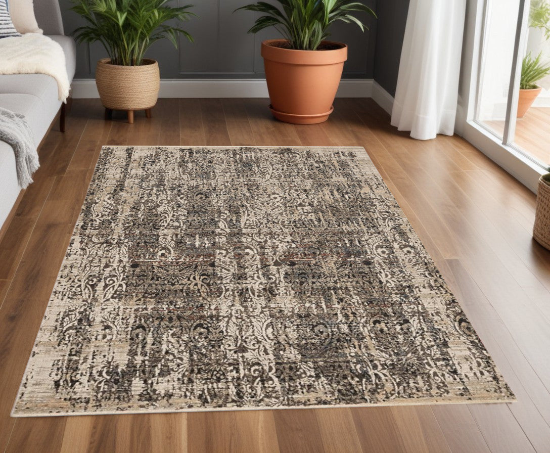 5' X 8' Grey Machine Woven Distressed Traditional Indoor Area Rug