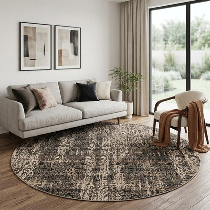 8' Gray And Tan Abstract Round Rug