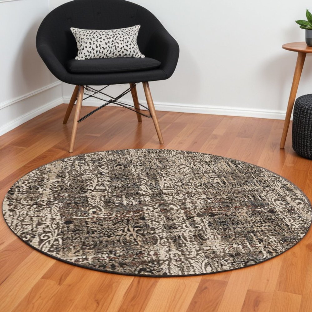 8' Gray And Tan Abstract Round Rug