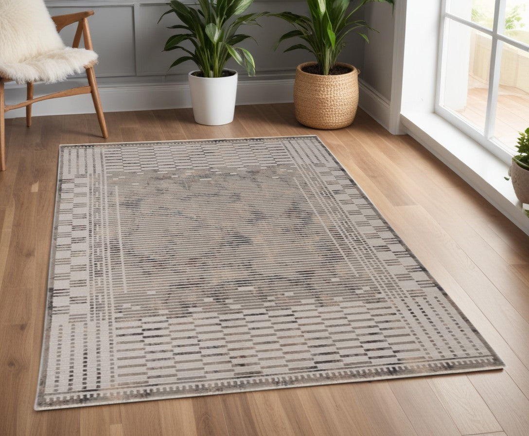 5' X 8' Natural Brown Machine Woven Abstract Lines Indoor Area Rug