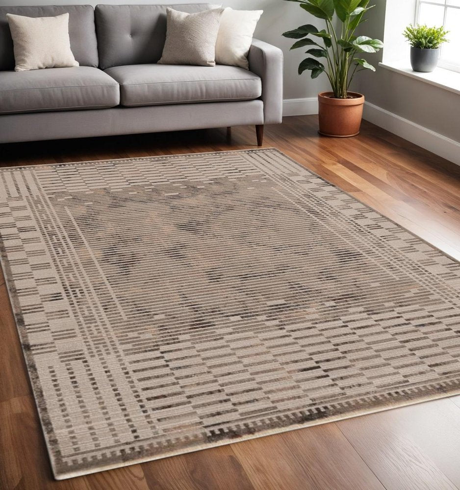8' Beige And Brown Abstract Round Rug