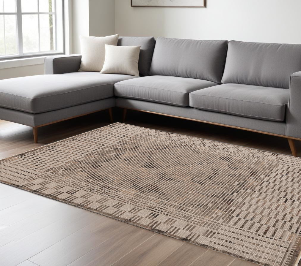 5' X 8' Natural Brown Machine Woven Abstract Lines Indoor Area Rug