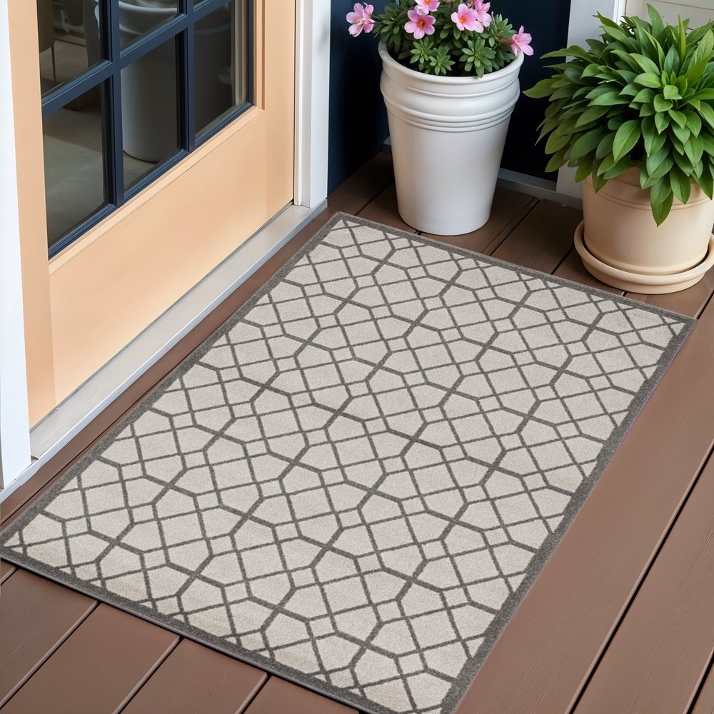 2' X 4' Ivory Geometric Indoor Outdoor Area Rug