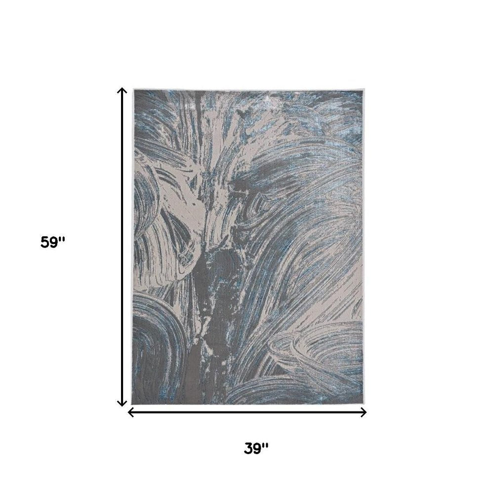 3' X 5' Blue And Silver Abstract Area Rug