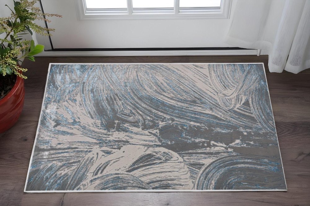 3' X 5' Blue And Silver Abstract Area Rug