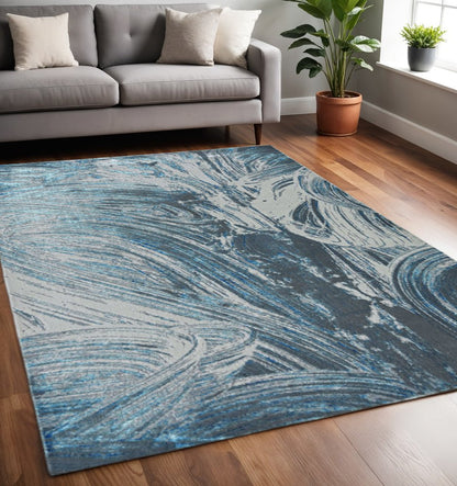 5' X 8' Silver And Blue Abstract Area Rug