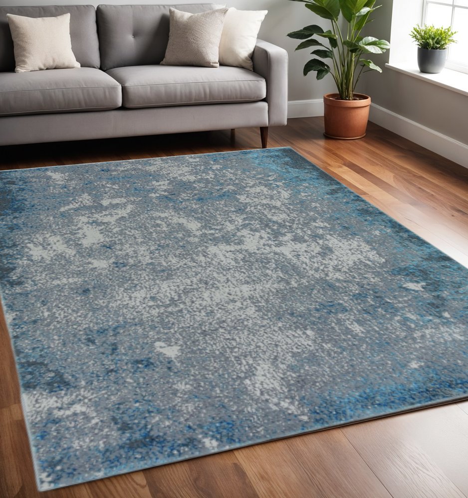 10' X 13' Silver Blue Machine Woven Abstract Smudge Indoor Area Rug