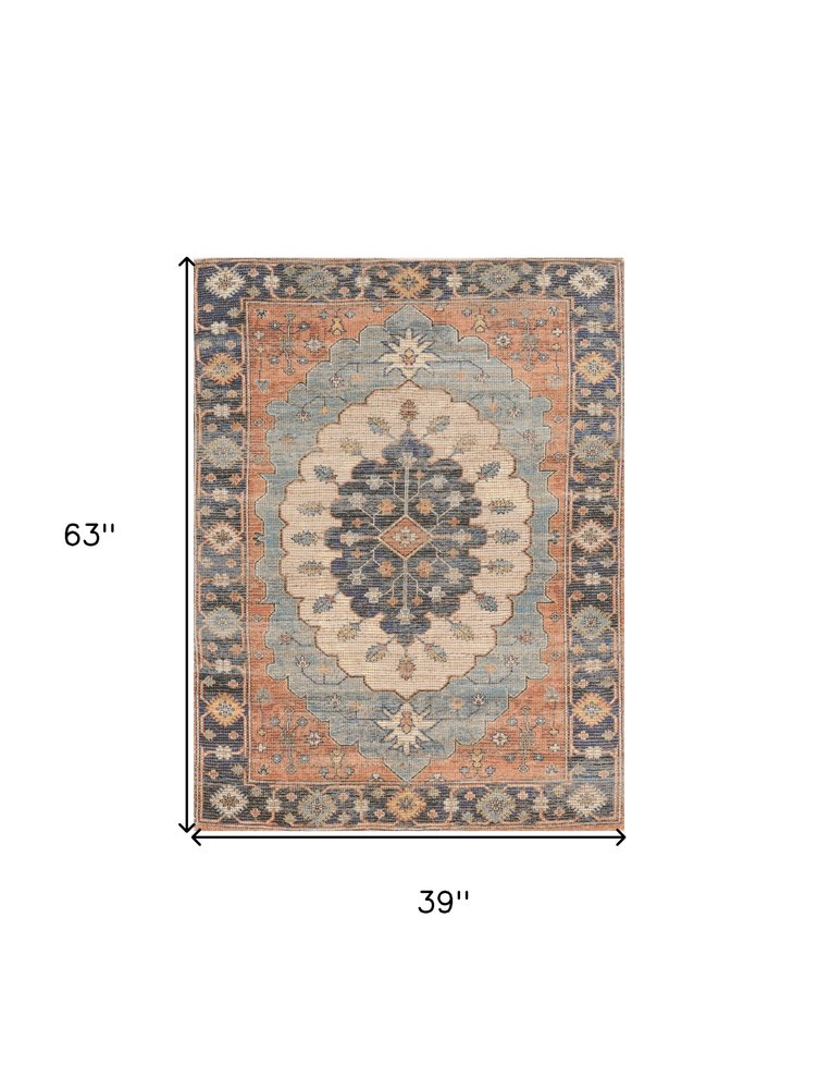 8' X 10' Blue Orange And Black Medallion Hand Woven Distressed Area Rug