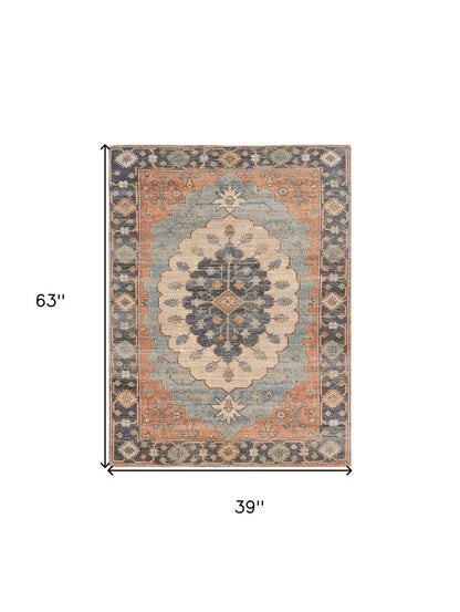 8' X 10' Blue Orange And Black Medallion Hand Woven Distressed Area Rug