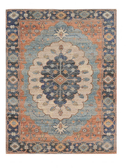 8' X 10' Blue Orange And Black Medallion Hand Woven Distressed Area Rug