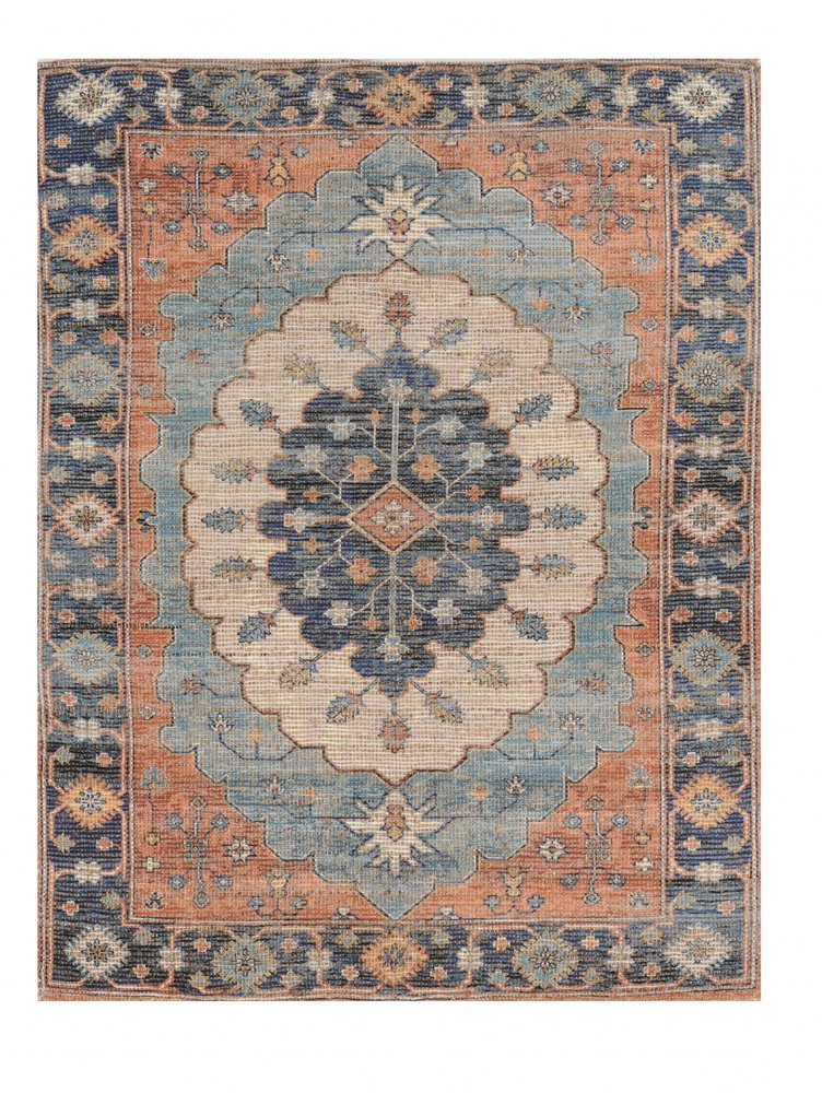 8' X 10' Blue Orange And Black Medallion Hand Woven Distressed Area Rug