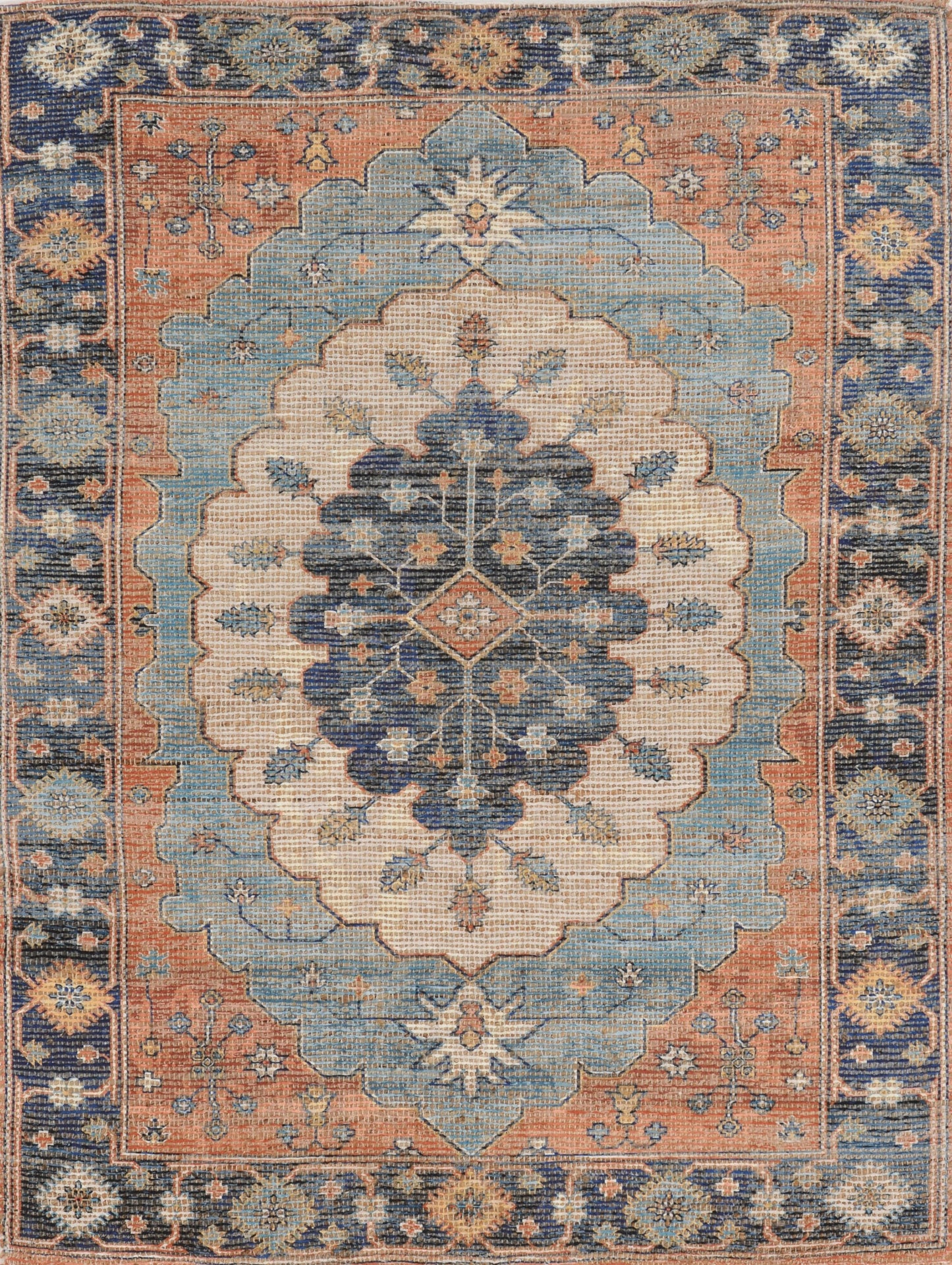 8' X 10' Blue Orange And Black Medallion Hand Woven Distressed Area Rug